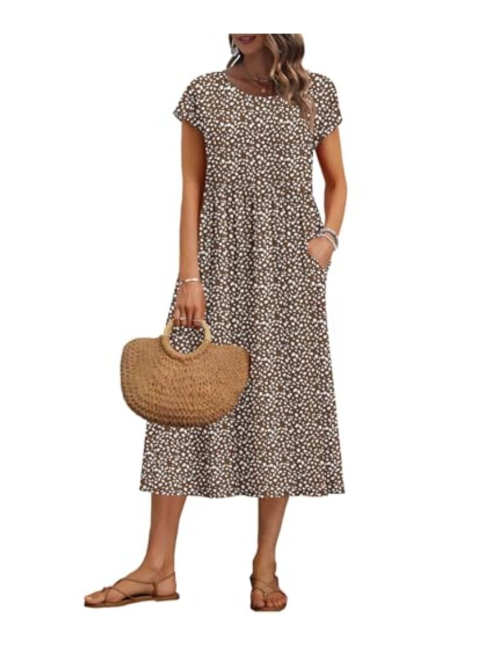 Midi Dresses for Women Short Sleeve Summer Dress with Pockets Empire Waist